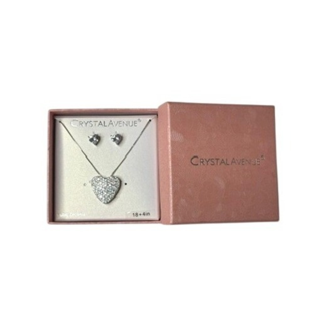 Crystal Avenue Heart Necklace + Earrings Cubic Zirconia Silver 18" Gift Set